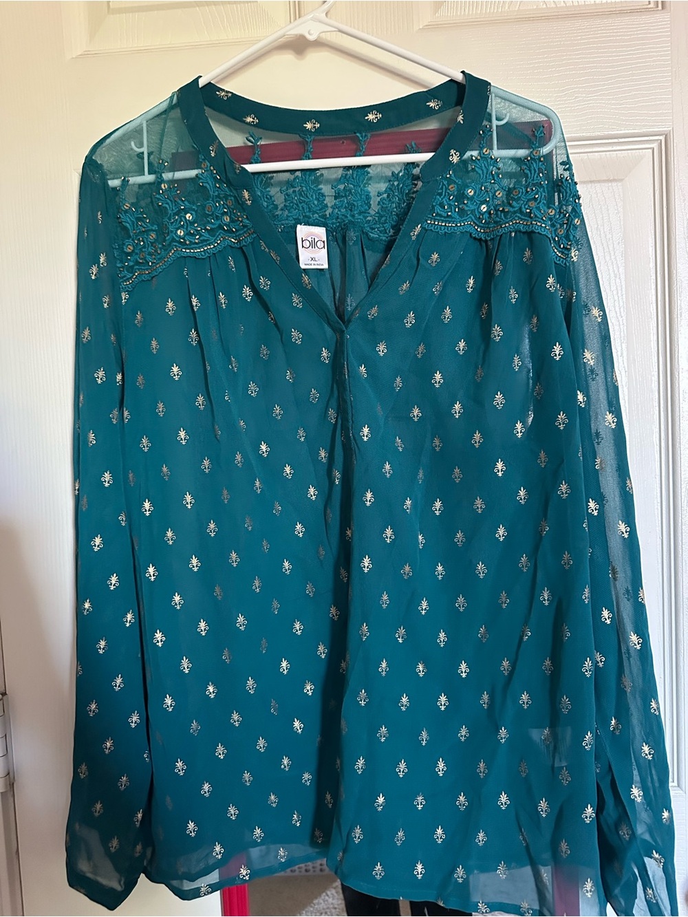 Bila Teal Lace Yoke Blouse with Gold Foil Motif